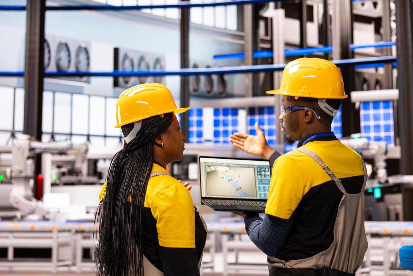 black engineers supervising industrial automation system